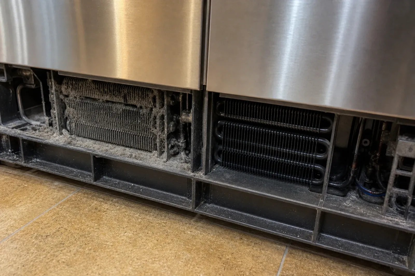 A Sub-Zero condenser before and after cleaning on a hot Skyfarm afternoon